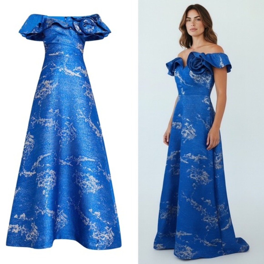 NWT Rickie Freeman for Teri Jon Off-Shoulder Metallic Jacquard‎ Gown $870 Size 4